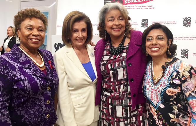 Congresswoman Barbara Lee, left, joined House Speaker Nancy Pelosi and AIDS 2020 co-chairs Cynthia Carey-Grant and Dr. Monica Gandhi at a kickoff news conference Monday. Photo: Liz Highleyman
