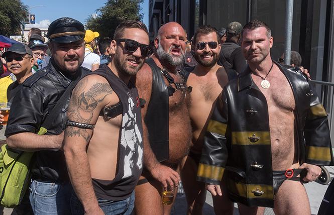 Royalty, titleholders and friends at the 2019 Folsom Street Fair. Left to Right: Emperor Leandro Gonzales, Eric Press, Marc Jordan, Manny Ojeda, Mr. SF Eagle Leather 2019, and Jawn Marques, Mr. SF Leather 2019. photo: Rich Stadtmiller 