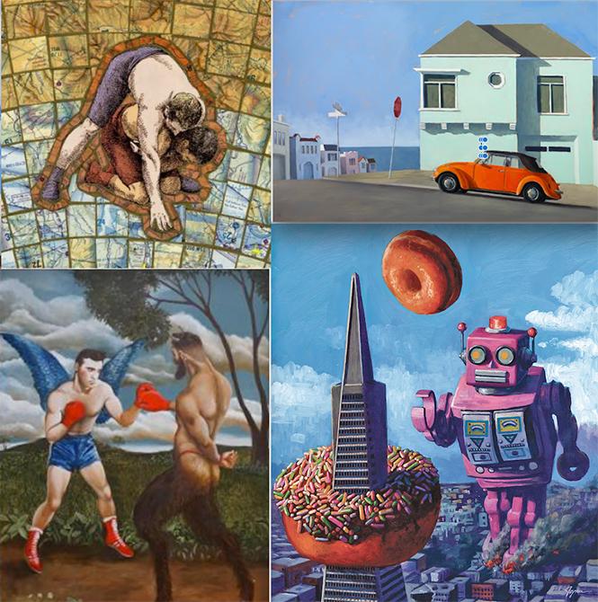 SF Open Studios @ Multiple Galleries: art by (from upperleft) Peter Howells, John Musgrove, Eric Joyner, Erika Meriaux.  Thu 10