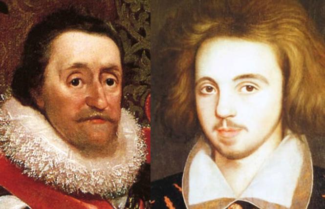 LEFT:  King James: wildman king. Photo: Kings of England  RIGHT: Christopher Marlowe: a mighty reckoning. Photo: Wikipedia