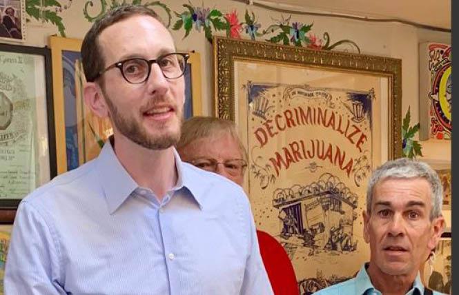 State Senator Scott Wiener, left, and medical cannabis advocate John Entwistle spoke at a recent news conference urging Governor Gavin Newsom to sign SB 34. Photo: Sari Staver