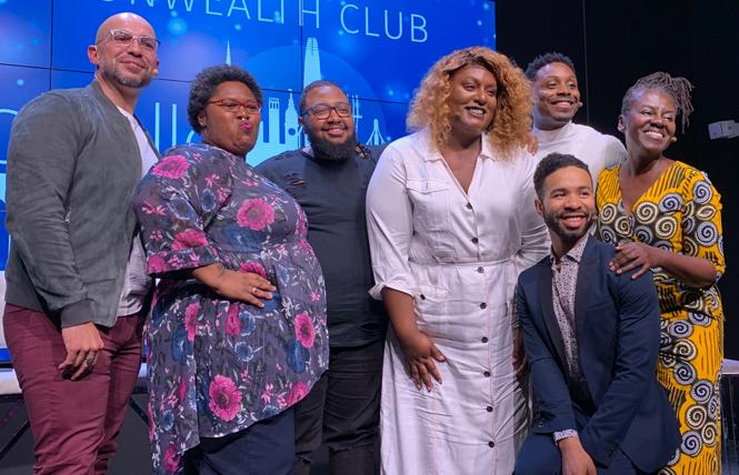 Presenter Chief Esparza, left, joined panelists Nia Ibu, Socorro Moreland, Aria Sa'id, Tuquan Harrison, Corey Baker (kneeling), and Kin Folkz onstage after the "When POC is not Enough'" talk at the Commonwealth Club of California. Photo: Sari Staver