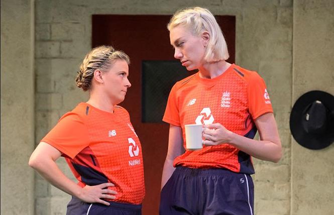 England 3 (Millie Brooks) and England 1 (Madeline Wise) have a side conversation in Kate Attwell's "Testmatch," playing A.C.T.'s Strand Theater. Photo: Kevin Berne