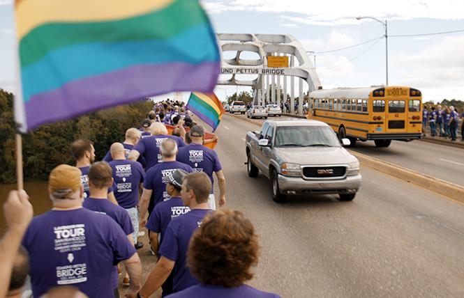 Members of the San Francisco Gay Men's Chorus march across the Edmund Pettus Bridge in Selma, Alabama, in "Gay Chorus Deep South." Photo: MTV Documentary Films