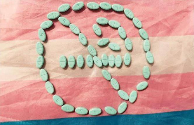Amaya Wooding created this image of estrogen pills in the shape of a no smoking sign against the trans flag for a recent health equity conference. Photo: Amaya Wooding.