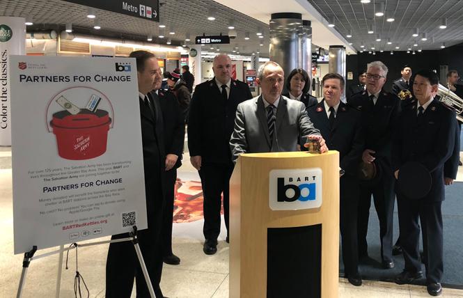 BART board President Bevan Dufty speaks at the Powell Street station Tuesday to kick off the agency's "Partners for Change" initiative with the Salvation Army. Photo: Courtesy BART