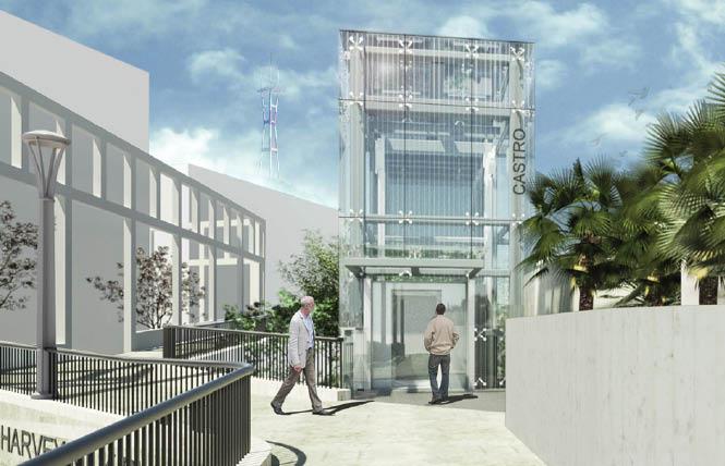 A rendering of the proposed elevator for Harvey Milk Plaza that will improve access to the Castro Muni Station below. Photo: Courtesy DPW