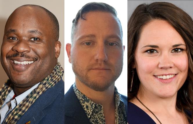 Shaun Haines, left, Jesse Oliver Sanford, and Elizabeth Lanyon are three of the 12 candidates vying for seats on the inaugural advisory board of the Castro LGBTQ Cultural District. Photos: Courtesy Castro LGBTQ Cultural District/Rick Gerharter (Haines)
