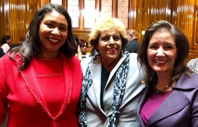 Bianca Lucrecia, center, worked with San Francisco Mayor London Breed, left, and Oakland Mayor Libby Schaaf during her years as an activist in the LGBT community.