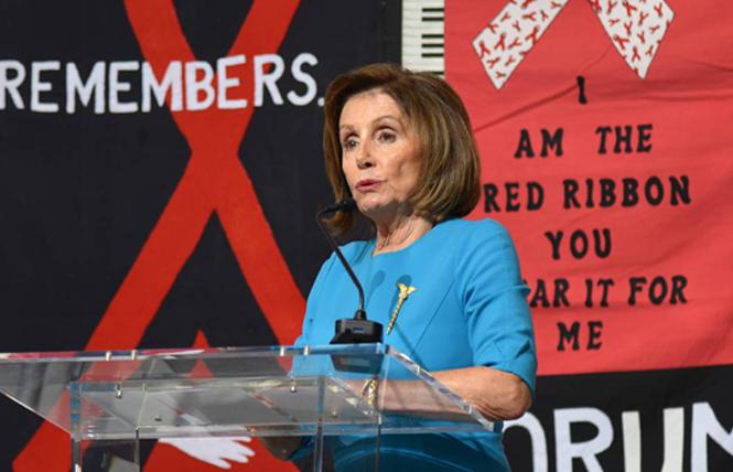 House Speaker Nancy Pelosi talked about the return of the AIDS Memorial Quilt to its original home in the San Francisco Bay Area during an announcement November 20 at the Library of Congress. Photo: Courtesy Mike Shriver/National AIDS Memorial Grove