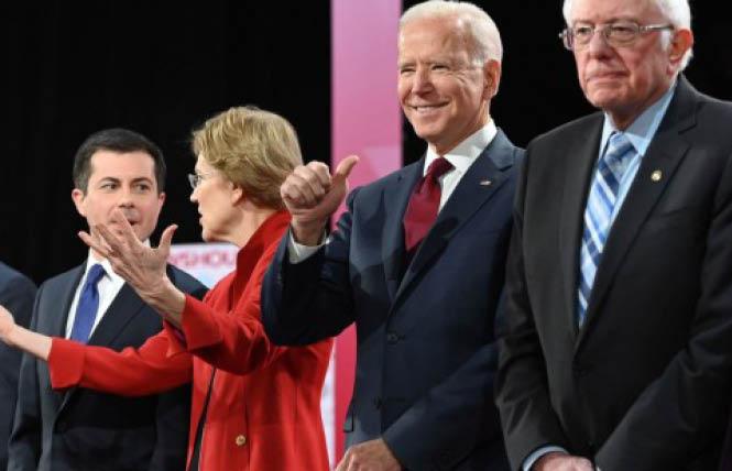 Democratic presidential candidates Pete Buttigieg, left, Elizabeth Warren, Joseph R. Biden Jr., and Bernie Sanders stood on stage at the PBS NewsHour/Politico debate Thursday in Los Angeles. Photo: Courtesy NPR