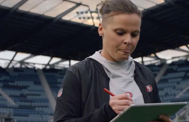 San Francisco 49ers offensive assistant coach Katie Sowers stars in a Microsoft ad. Photo: Screenshot courtesy Microsoft
