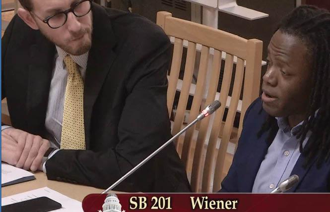 Bria Brown-King, right, who is intersex, testified at a state Senate hearing Monday in support of state Senator Scott Wiener's, left, SB 201, which would have protected intersex infants. Photo: Screengrab/Legislative live feed
