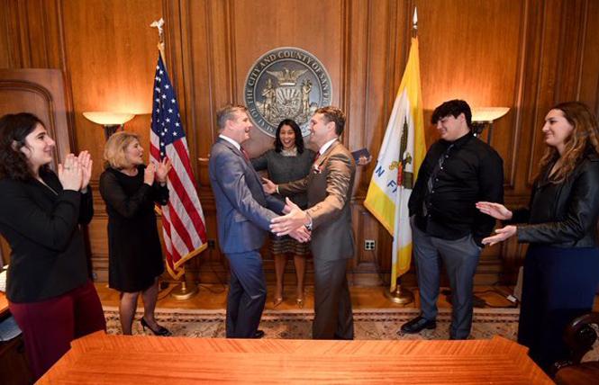 Rick Welts married his partner, Todd Gage, last Friday in a City Hall ceremony officiated by San Francisco Mayor London Breed. Photo: Courtesy Twitter
