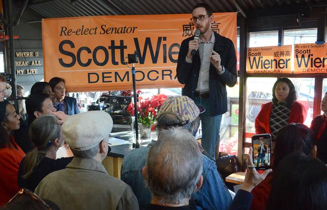 State Senator Scott Wiener spoke at the kickoff for his reelection campaign January 11 at Flore cafe. Photo: Rick Gerharter