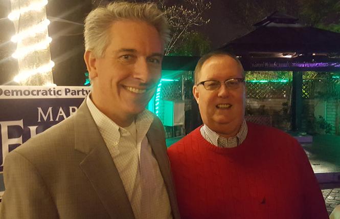 Alameda County judicial candidate Mark Fickes, left, greeted former Hayward City Council member Kevin Dowling at a campaign event at the World Famous Turf Club in Hayward. Photo: Cynthia Laird