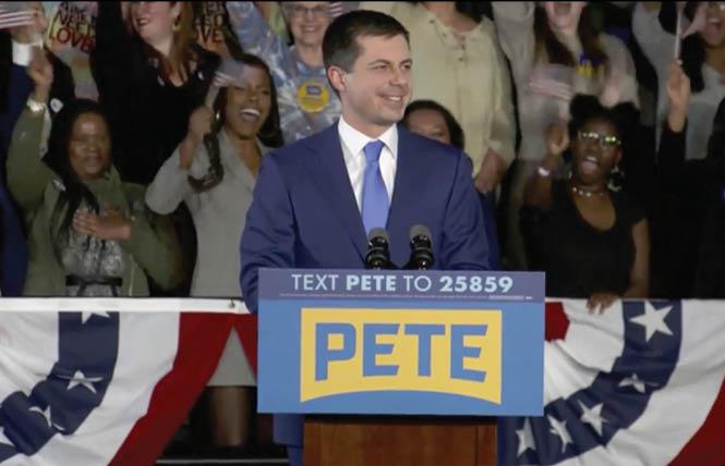 Democratic presidential candidate Pete Buttigieg speaks to supporters in Iowa Monday night even as caucus results were delayed. Photo: Pool photo courtesy CNN