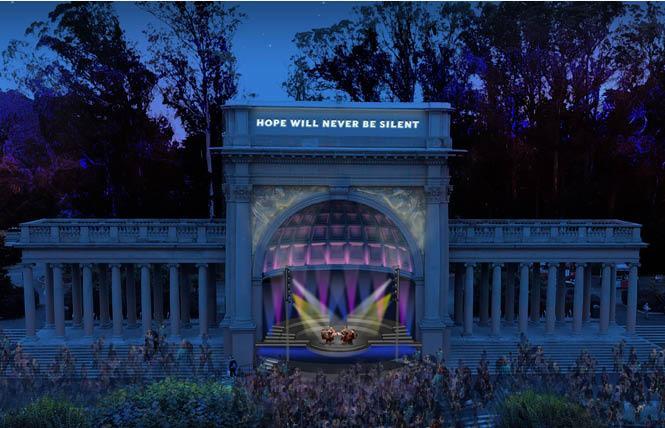 An artist's rendering shows Illuminate's plan for incorporating a quote attributed to Harvey Milk on the bandstand in Golden Gate Park. Photo: Courtesy Illuminate  