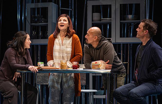 Letter Writer #2 (Kina Kantor), Sugar (Susi Damilano), Letter Writer #3 (Jomar Tagatac) and Letter Writer #1 (Mark Anderson Phillips) make sandwiches together in "Tiny Beautiful Things" at San Francisco Playhouse. Photo: Jessica Palopoli