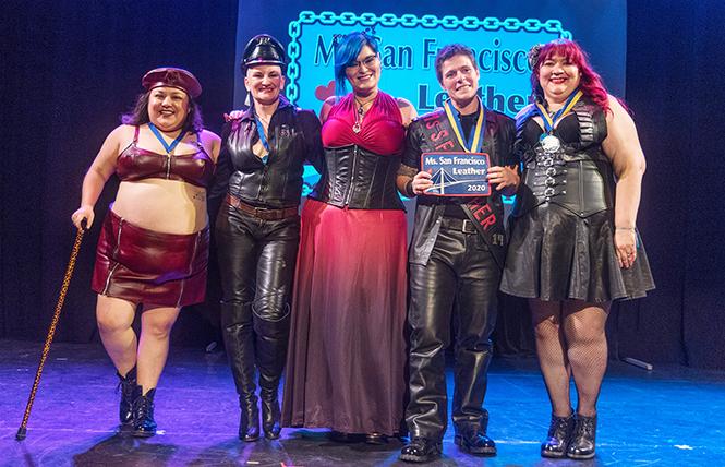 Left to right: Lola Ursula; Ms. WillowKat; Reika, Ms. SF Leather 2019; Caity Lynch, winner of Ms. SF Leather 2020; and Tammy Lg Hatter, first runner up Ms. SF Leather 2020. photo: Rich Stadtmiller