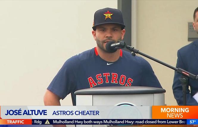A screenshot shows Los Angeles TV station KTLA calling Houston Astros second baseman Jose Altuve a cheater in the crawl. Photo: Courtesy Channel 5