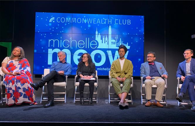 Panelists Anjali Rimi, left, Terry Beswick, Melanie Nathan, Honey Mahogany, David Campos, and Peter Gallotta discussed their picks for Democratic candidates for president at a February 21 Commonwealth Club forum. Photo: Sari Staver