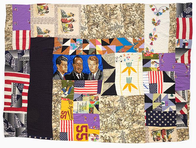 "Untitled" (quilted by Irene Bankhead, 1997). Velvet, fabric, U.S. flags made of rayon and cotton, woven wool, batik, polyester velour, cotton muslin, rayon linen, gabardine, cotton print fabric, and cotton muslin backing. Photo: BAMPFA