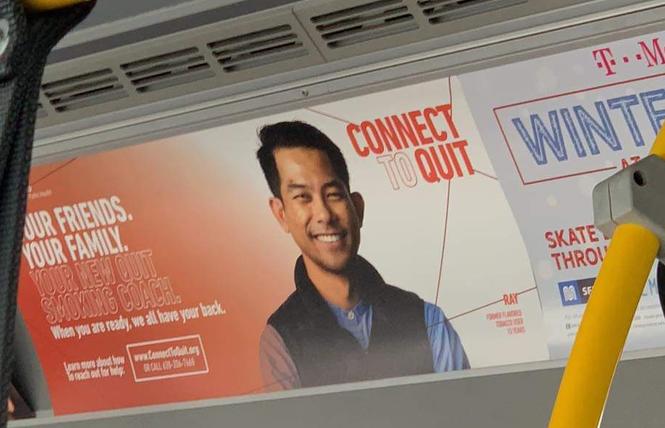 A smoking cessation ad poster on Muni buses features a man who was convicted in connection with an elder abuse case.