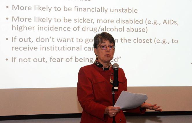Mary Twomey, the former co-director of the National Center on Elder Abuse, speaks about risk factors during a March 5 elder abuse forum at the LGBT Community Center. Photo: Rick Gerharter