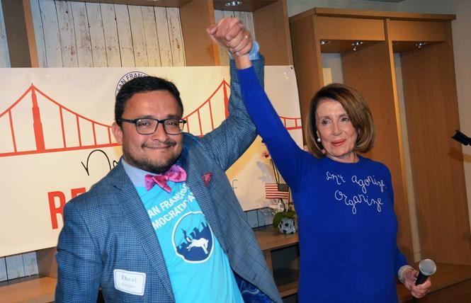 San Francisco Democratic Party Chair David Campos, left, shown with then-House Minority Leader Nancy Pelosi ahead of the November 2018 midterm elections, is expected to be reelected local party chair. Photo: Rick Gerharter