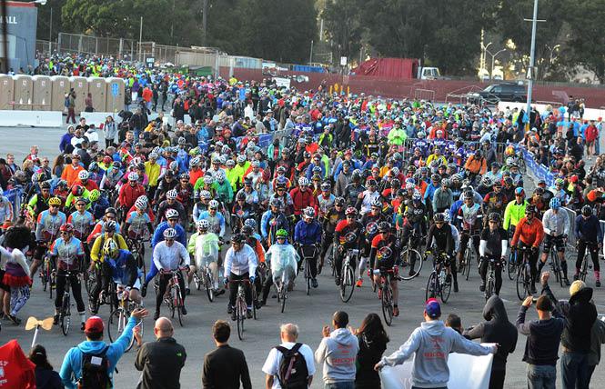 Some of the 2,000-plus participants in the 2017 AIDS LifeCycle ride to Los Angeles leave from Cow Palace in San Francisco. Photo: Rick Gerharter