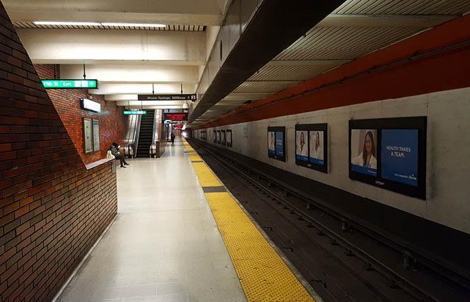 The platform for San Francisco-bound trains was nearly deserted Tuesday morning at the 12th Street/City Center BART station in downtown Oakland. Photo: Cynthia Laird