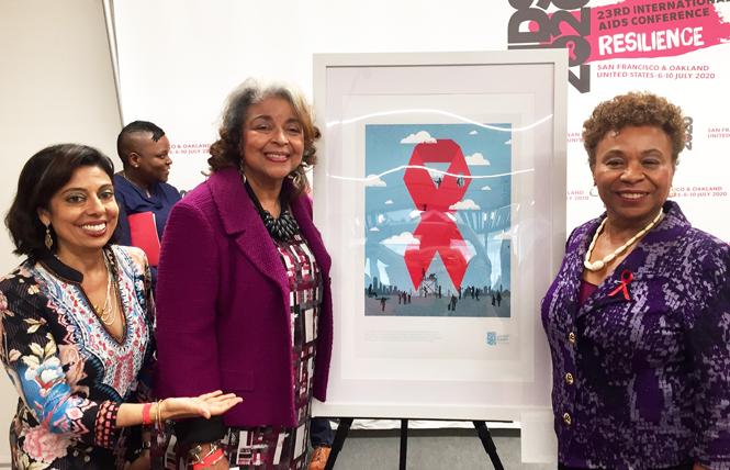 Dr. Monica Gandhi, left, and Cynthia Carey-Grant, the AIDS 2020 co-chairs, talked with Congresswoman Barbara Lee at a conference kickoff event last October in San Francisco. Photo: Liz Highleyman