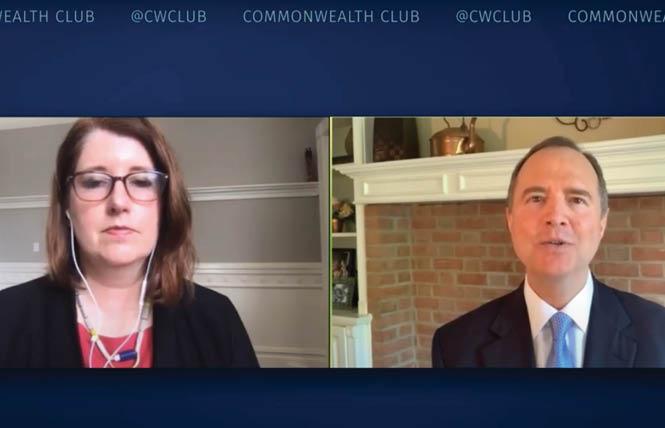 Mother Jones editor Clara Jeffery talked with Congressman Adam Schiff during a virtual presentation for the Commonwealth Club of California. Photo: Screengrab