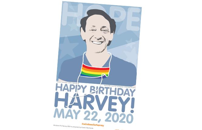 Brian Springfield reworked Dan Nicoletta's iconic photograph of Harvey Milk for the COVID-19 era as part of this year's reimagined Windows for Harvey Display. Photo: Brian Springfield