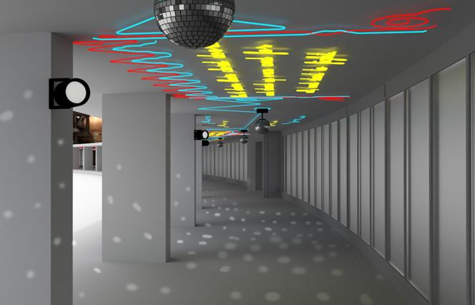 Disco balls and neon quotes from Harvey Milk are planned for the underpass in front of the arrivals area outside Harvey Milk Terminal 1. Photo: Artist's rendering courtesy Andrea Bowers
