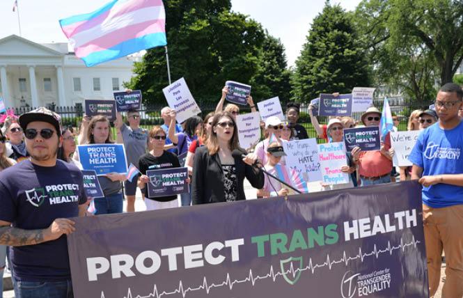 Harper Jean Tobin, center, speaks at a rally for transgender health in front of the White House on May 29, 2019. (Washington Blade photo by Michael Key)