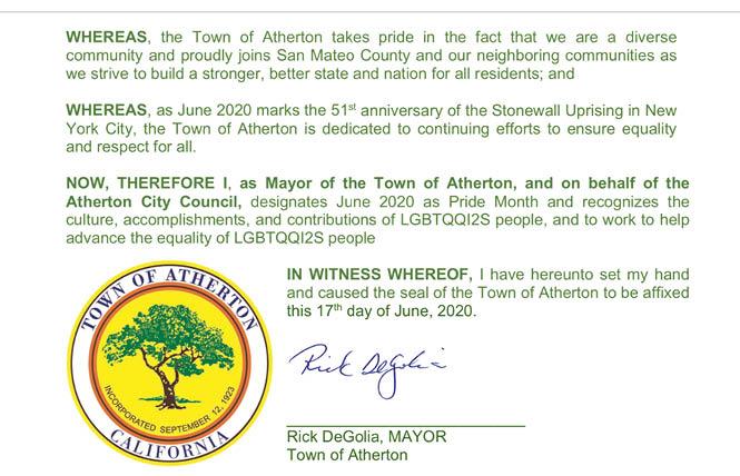 Atherton Mayor Rick DeGolia signed a Pride Month proclamation, which was presented Wednesday night. Photo: Via screengrab