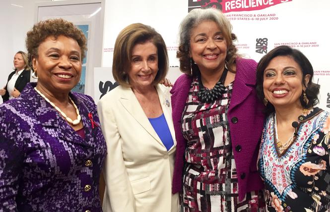Congresswoman Barbara Lee, left, and House Speaker Nancy Pelosi joined AIDS 2020 co-chairs Cynthia Carey-Grant and Dr. Monica Gandhi at a news conference in San Francisco last fall. Photo: Liz Highleyman