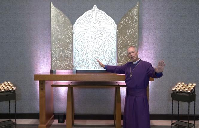 Bishop Marc Handley Andrus gestured to the Keith Haring triptych altarpiece, "The Life of Christ," at AIDS Interfaith Memorial Chapel at San Francisco's Grace Cathedral during Tuesday's interfaith service. Photo: Screengrab via Grace Cathedral