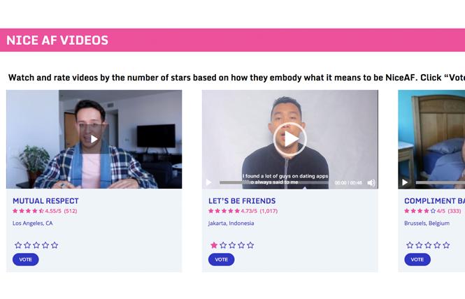 The NiceAF Campaign is soliciting videos about the stigma people have faced on LGBTQ dating apps, such as Grindr, as part of a competition to highlight the importance of online civility. Photo: Screengrab via BHOC