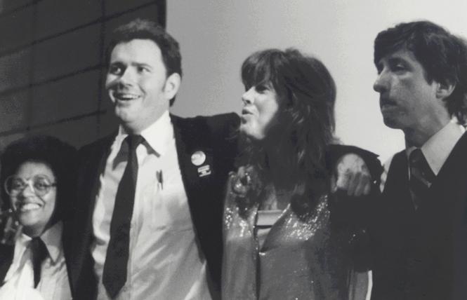 Gwenn Craig, left, Supervisor Harry Britt, Jane Fonda, and Tom Hayden sing "Happy Birthday" to Harvey Milk at the annual dinner for the Harvey Milk LGBTQ Democratic Club, May 21, 1980. Photo: Dan Nicoletta
