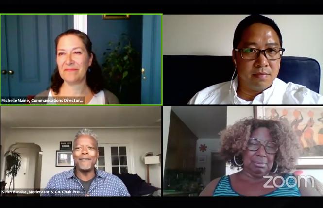 Clockwise from top left, Michelle Maine, Vincent Pan, Phelicia Jones, and Keith Baraka talked about racial justice and election issues during an Alice B. Toklas LGBT Democratic Club virtual meeting Monday. Photo: Screengrab via Zoom