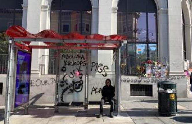 Graffiti filled a Muni bus stop at 18th and Castro streets on Pride Sunday, June 28. Photo: Stuart Goldstein 