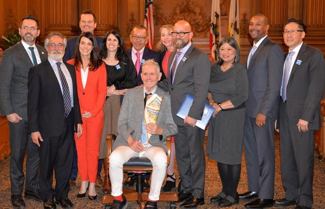 The Board of Supervisors in 2019 honored the late gay leader Harry Britt, seated, on the 40th anniversary of his appointment to the legislative body. Photo: Bill Wilson  