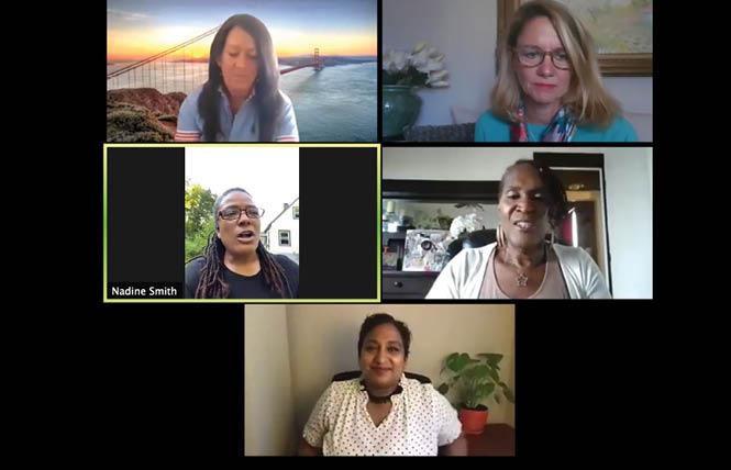 Clockwise from top left, Kate Kendell, Katherine Rice, Andrea Jenkins, Sunu Chandy, and Nadine Smith talked about LGBTQ issues and the new Biden-Harris Democratic presidential ticket. Photo: Screenshot via Zoom