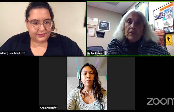 Clockwise from right: Abby Abinanti, chief judge of the Yurok Tribe, joins Angel Gonzalez of Facing Foster Care in Alaska and Ariel Goldberg of Lambda Legal Defense and Education Fund in a Zoom news conference August 27 explaining a federal lawsuit against the Trump administration for rescinding Obama-era collection rules relating to Native American and LGBTQ foster youth. Photo: Screengrab via Zoom
