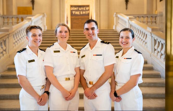 Navy Spectrum officers, from left, MIDN 1/C Tristan Anderson, MIDN 1/C Abby Richardson, MIDN 1/C Lorne Beerman, and MIDN 2/C Quin Ramos