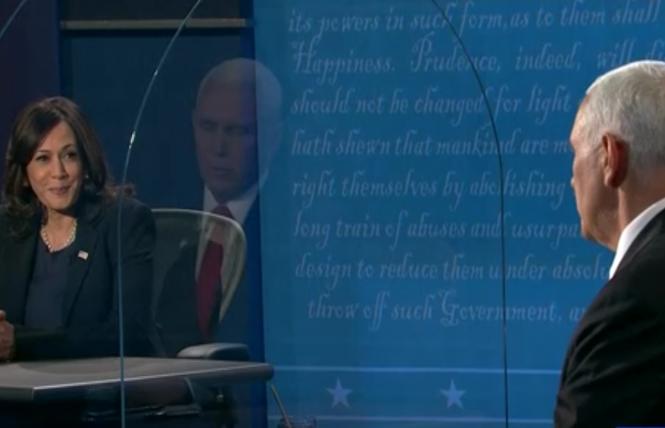 Senator Kamala Harris and Vice President Mike Pence were seated and separated by plexiglass during Wednesday's vice presidential debate. Photo: Screengrab via CNN