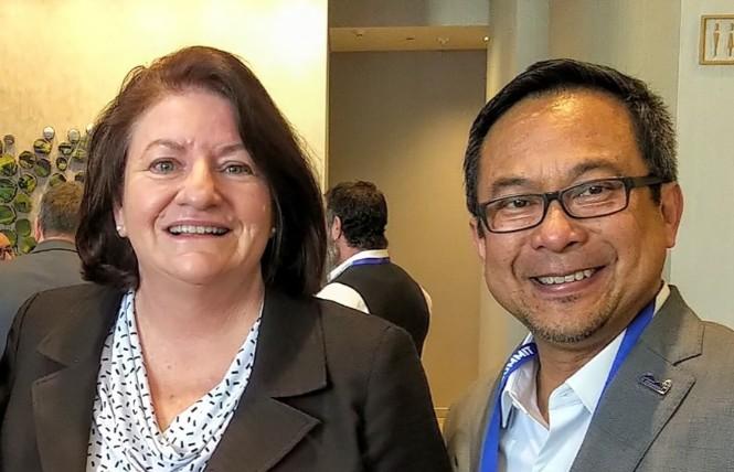 Gabriel Quinto, right, shown with state Senate President Pro Tempore Toni Atkins, is the new president of the League of California Cities' LGBTQ Caucus. Photo: Courtesy Facebook